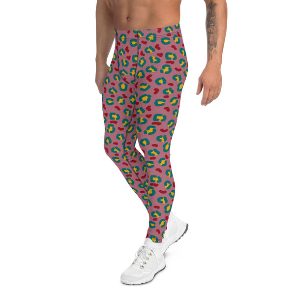 All-over printed men's leggings with a raspberry pink and teal leopard skin design by BillingtonPix