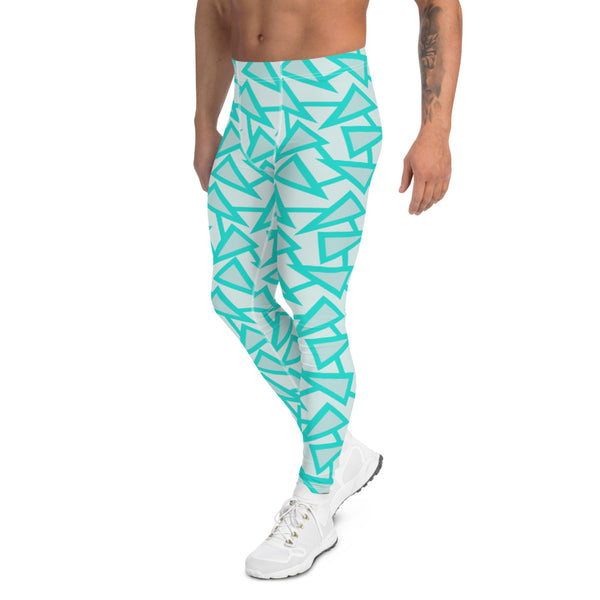 80s Memphis style men's leggings, meggings, festival leggings and running tights in a retro style geometric all-over pattern in tones of mint, turquoise and pale grey by BillingtonPix