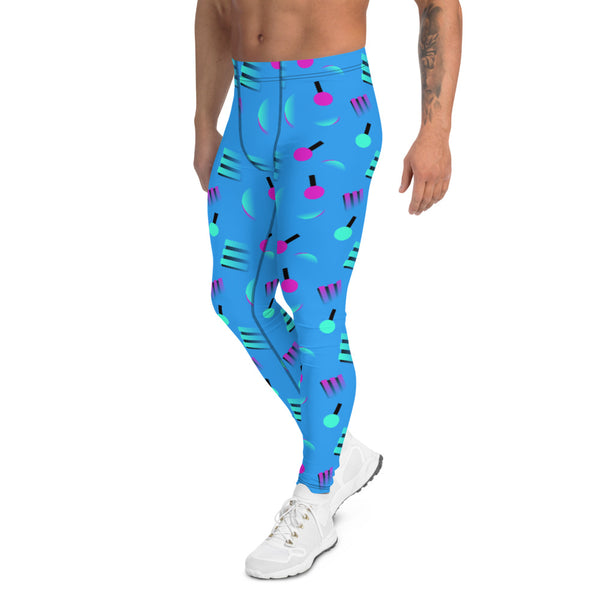 Retrowave style 80s Memphis and Vaporwave patterned men's leggings or leggings with geometric pink and turquoise shapes against a blue background on these men's running tights by BillingtonPix