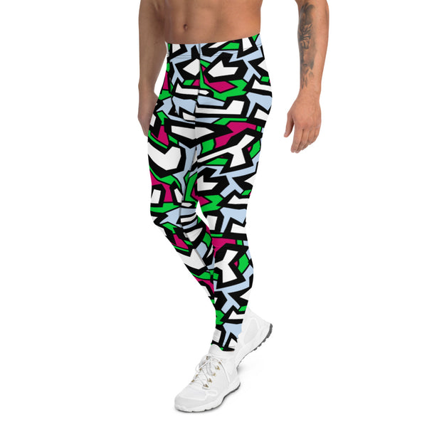 Funky men's running tights in a geometric 80s Memphis design all-over pattern, in black, white, red and green against a pale blue background on these meggings or men's leggings by BillingtonPix