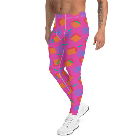 Pink, blue and orange men's leggings in an 80s Memphis design style on these meggings or men's running tights by BillingtonPix