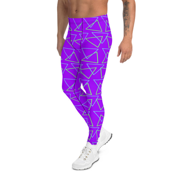 Synthwave blue and green neonwave vaporwave style triangles against a vivid purple background on our men's running tights, leggings for men or meggings by BillingtonPix