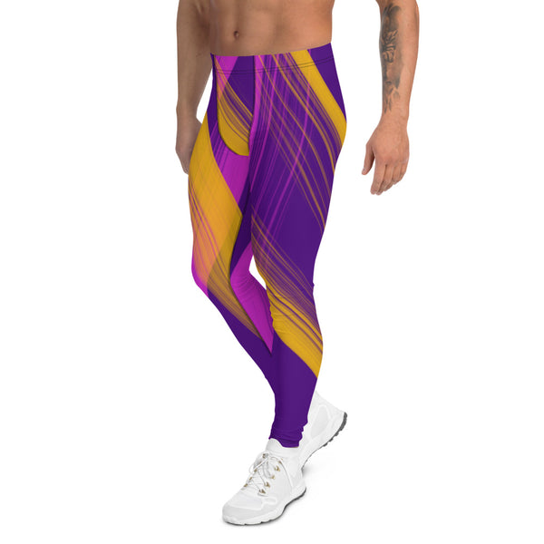 Swirling paint stripes in pink and amber against a purple background in a Vaporwave and 80s Memphis design style on these men's leggings or meggings by BillingtonPix