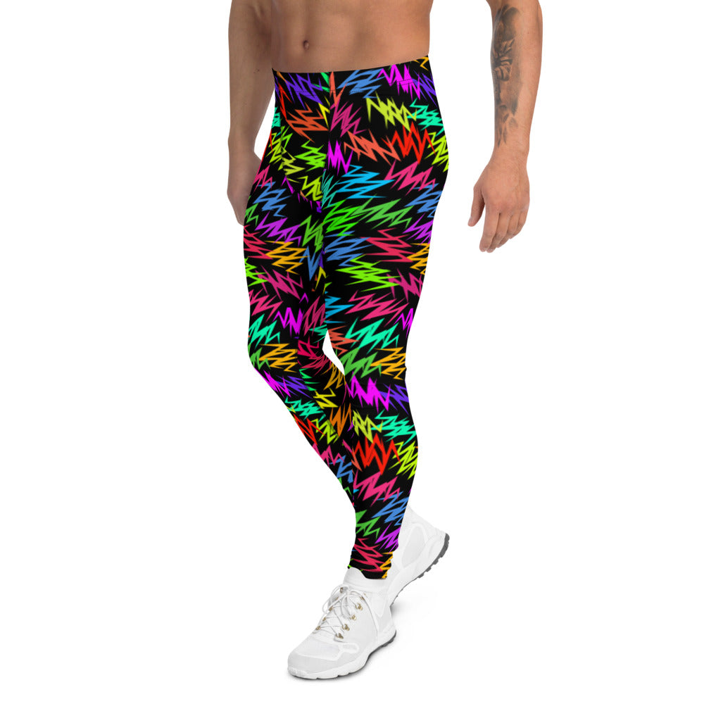 Rainbow coloured jagged shapes against a black background in an 80s Memphis design on these men's compression leggings by BillingtonPix