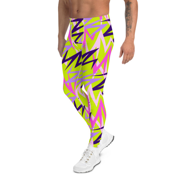 80s Memphis style men's leggings or funky running tights for men by BillingtonPix with tones of pink, black and mauve against a mustard yellow background 
