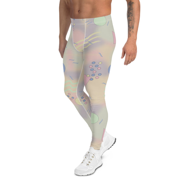 90s Y2K athleisure fashion style meggings or men's leggings with 80s Memphis design geometric shapes including circles, triangles and squiggles against a pastel abstract background on these funky men's running tights by BillingtonPix