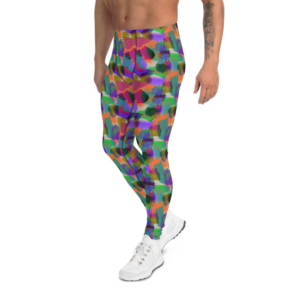 Rainbow palette of colors with these retro style Memphis design men's leggings or meggings with tones of purple, crimson, orange, blue and green on these men's running tights by BillingtonPix