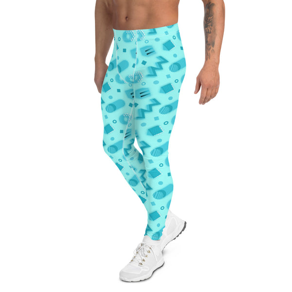 Kawaii Harajuku Memphis design meggings, men's leggings or compression tights for men in ice blue geometric shapes with touches of black and white against a cerulean blue background on these men's running tights by BillingtonPix
