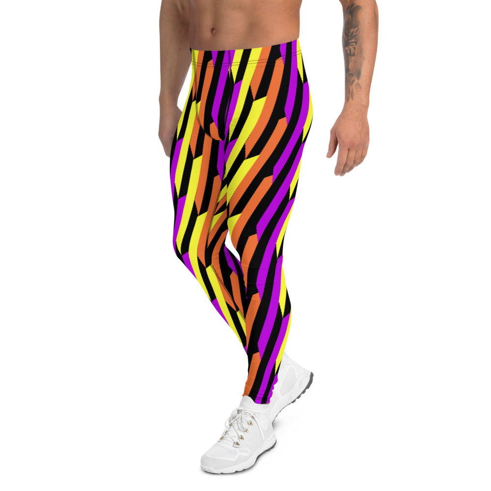 Patterned men's leggings in retro style stripes of purple, orange and yellow against a black background in these 80s Memphis inspired meggings or men's running tights by BillingtonPix