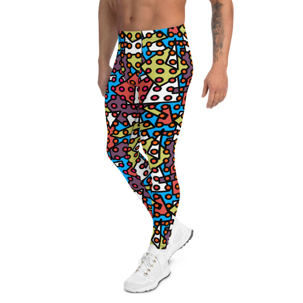 Retro 80s Memphis and pop art style design with geometric shapes in tones of purple, orange, mustard yellow and white against a blue background on these meggings and compression tights for men by BillingtonPix