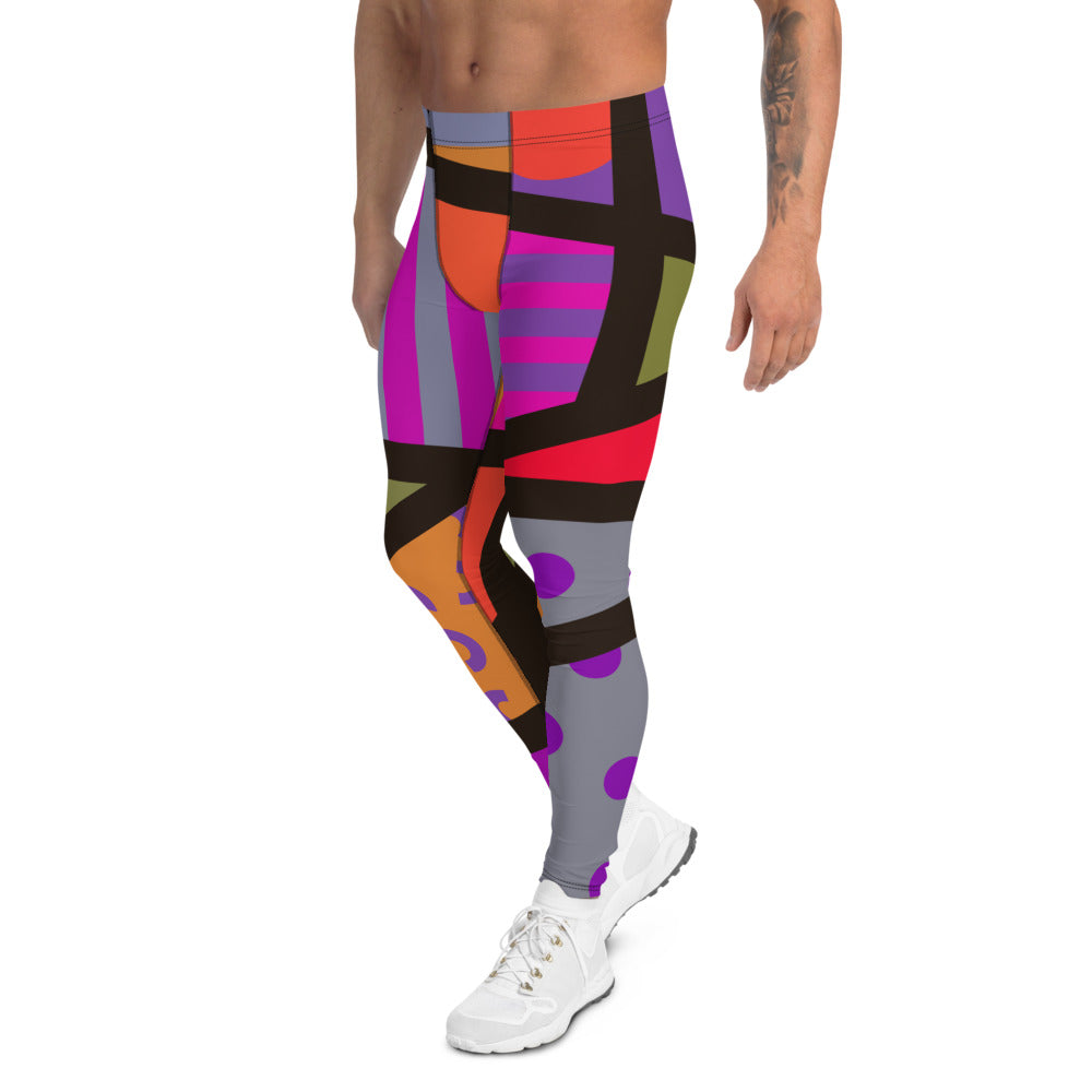 Purple toned men's leggings or meggings with a colourful geometric pattern and black overlay in an 80s retro style by BillingtonPix