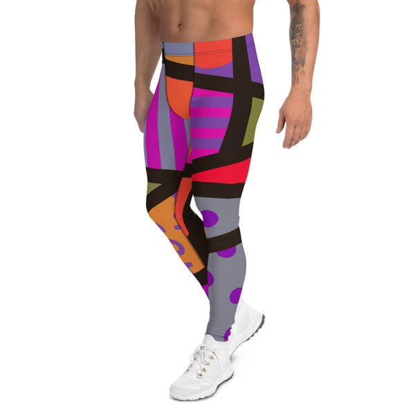Purple toned men's leggings or meggings with a colourful geometric pattern and black overlay in an 80s retro style by BillingtonPix
