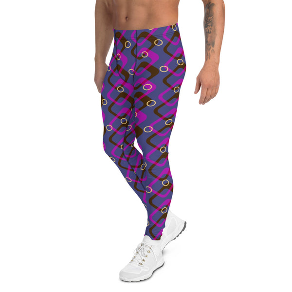 Retro futurism mid century modern and vaporwave mashup design men's leggings in tones of purple, magenta, navy blue and yellow on these meggings by BillingtonPix