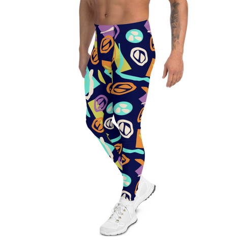 Colourful patterned men's leggings or running tights with an 80s Memphis inspired design in geometric and organic shapes with orange, turquoise blue, purple, yellow and white against a navy blue background on these festival meggings by BillingtonPix