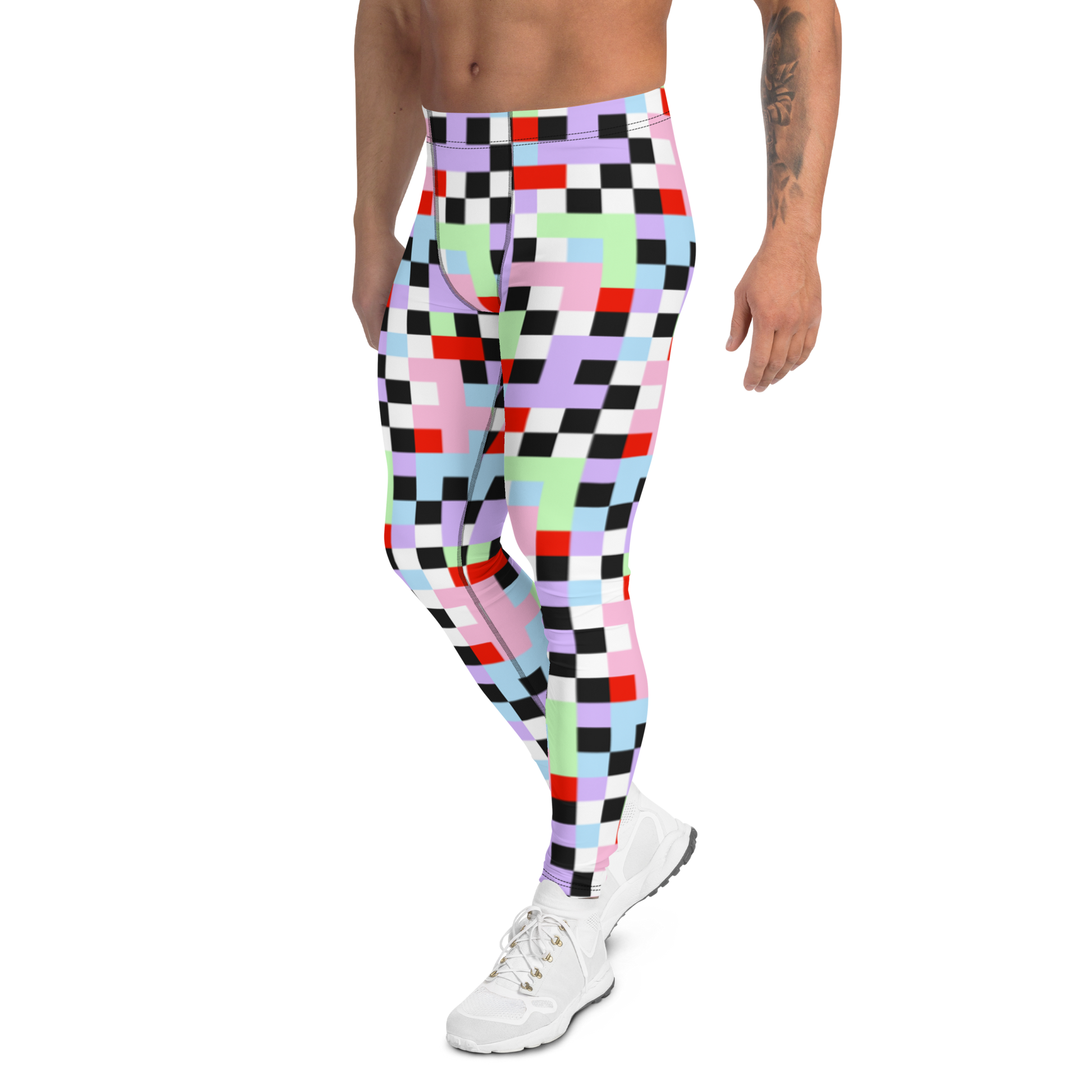 Gorgeous chequered pattern men's leggings in Pastel Goth color palette of purple, pink, blue, green, black and red. Great as rave meggings or festival pants, or equally as gym leggings for men or men's running tights. Design by BillingtonPix.