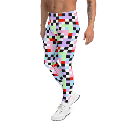 Gorgeous chequered pattern men's leggings in Pastel Goth color palette of purple, pink, blue, green, black and red. Great as rave meggings or festival pants, or equally as gym leggings for men or men's running tights. Design by BillingtonPix.