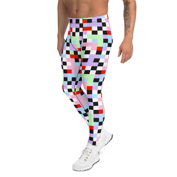 Gorgeous chequered pattern men's leggings in Pastel Goth color palette of purple, pink, blue, green, black and red. Great as rave meggings or festival pants, or equally as gym leggings for men or men's running tights. Design by BillingtonPix.