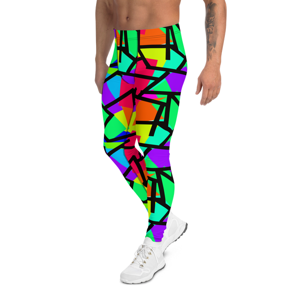 Vibrant colourful men's leggings in a kitsch 80s retro Memphis style with diagonal shapes in blue, red, orange, purple, turquoise, green and yellow and a black diagonal overlay on these meggings or mens running tights by BillingtonPix