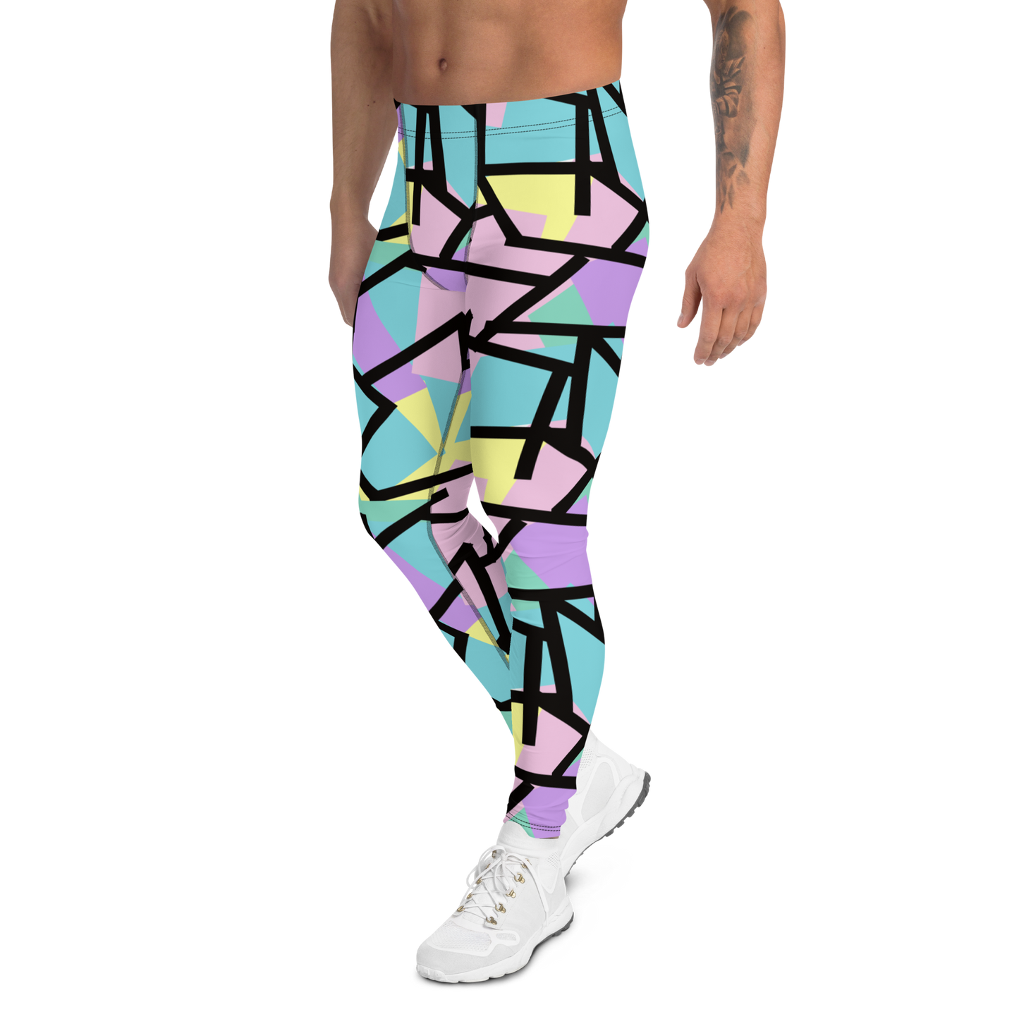 Harajuku Pastel Goth fashion leggings for men with tones of pink, blue, green, yellow and purple with a black geometric overlay on these festival meggings athleisure crazy gym leggings by BillingtonPixHarajuku Pastel Goth fashion leggings for men with tones of pink, blue, green, yellow and purple with a black geometric overlay on these festival meggings athleisure crazy gym leggings by BillingtonPix