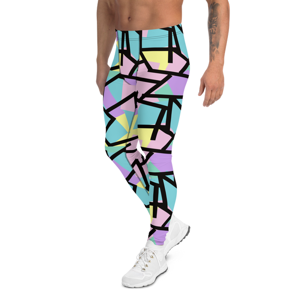 Harajuku Pastel Goth fashion leggings for men with tones of pink, blue, green, yellow and purple with a black geometric overlay on these festival meggings athleisure crazy gym leggings by BillingtonPixHarajuku Pastel Goth fashion leggings for men with tones of pink, blue, green, yellow and purple with a black geometric overlay on these festival meggings athleisure crazy gym leggings by BillingtonPix
