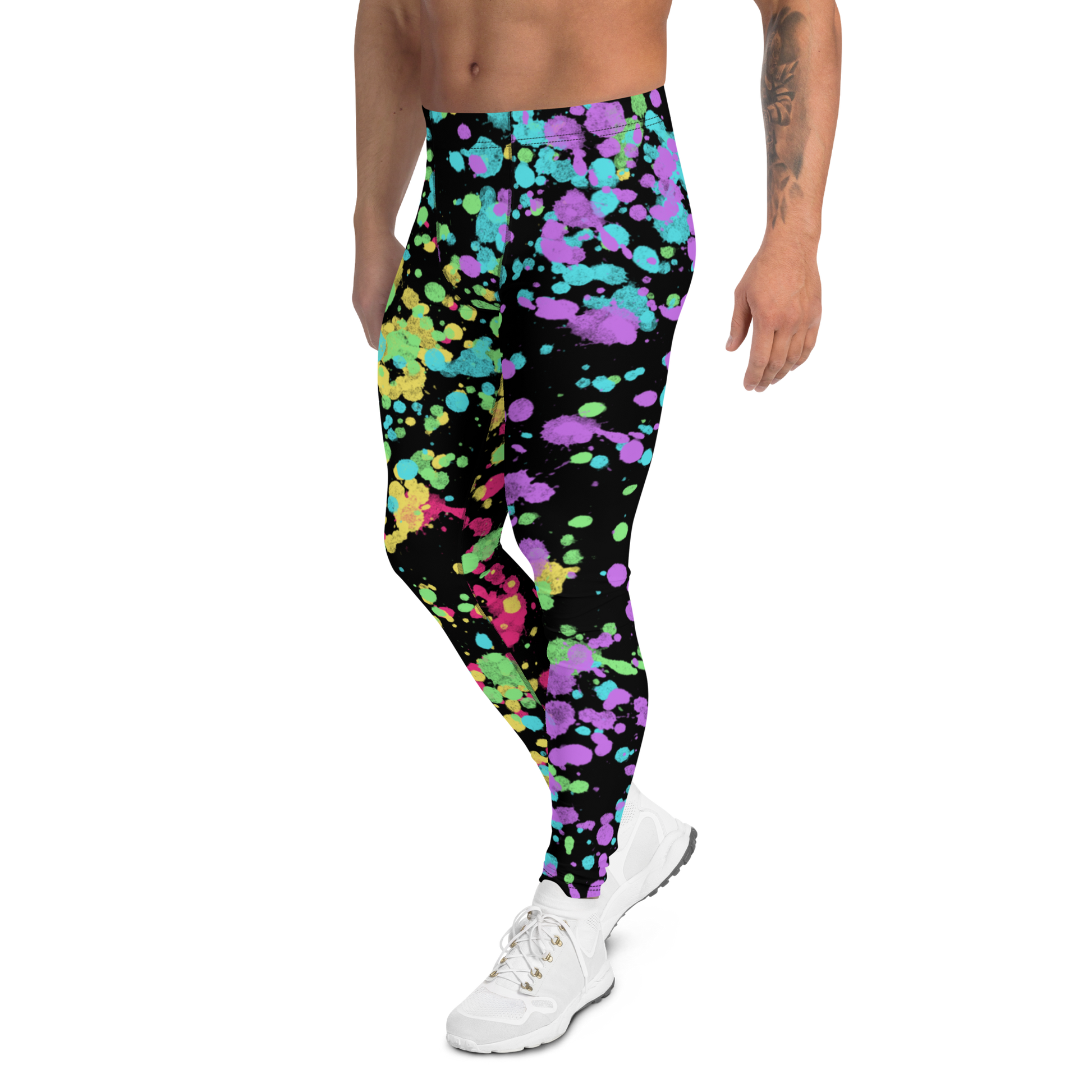 LGBT Gay Pride rainbow flag colourful festival meggings with splatters of yellow, red, green, blue and purple against a black background. Perfect for marches, park events, festivals, clubbing and disco dancing. Dress to impress at the gym or when worn as running tights for men.