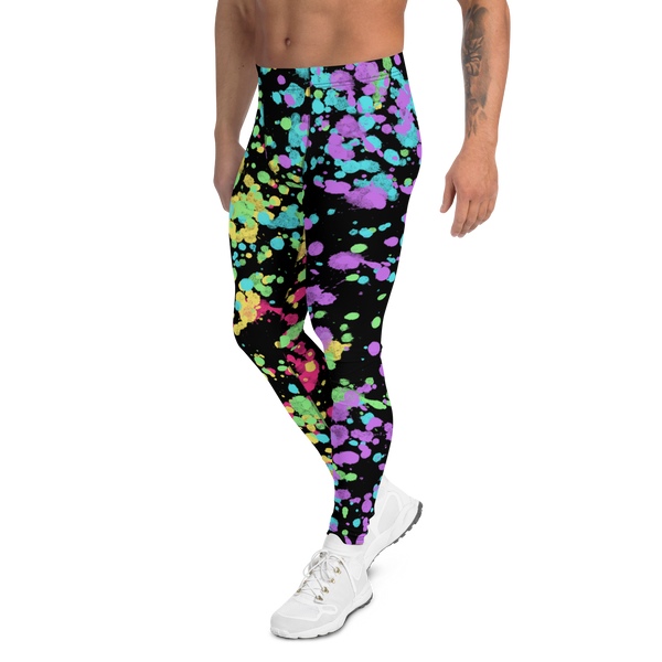 LGBT Gay Pride rainbow flag colourful festival meggings with splatters of yellow, red, green, blue and purple against a black background. Perfect for marches, park events, festivals, clubbing and disco dancing. Dress to impress at the gym or when worn as running tights for men.