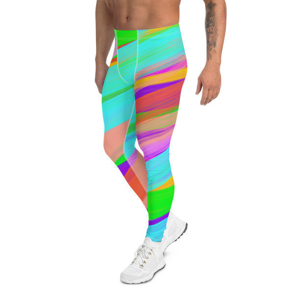 Mens patterned leggings with a rainbow stripe printed pattern in brushstrokes effect on these meggings for men by BillingtonPix