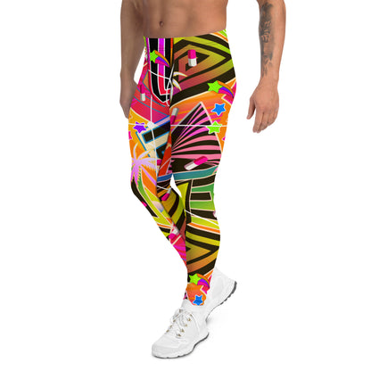 Vaporwave style meggings with Menhera kei vibes. Orange patterned gym leggings for men in a Synthwave and Retrowave graphic with a Christmas Las Vegas theme of neoncore palm trees, signage and stars. Beautiful running tights with geometric pattern and striking colorful design on these compression pants for men by BillingtonPix