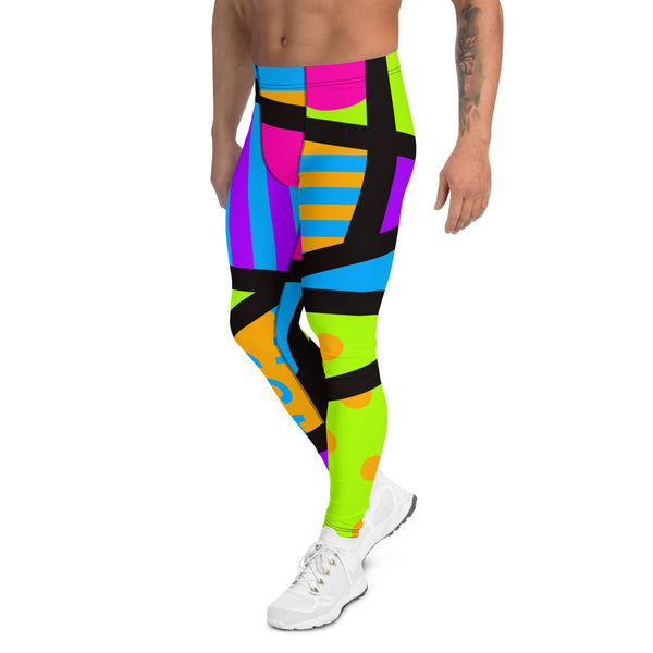 Geometric neoncore patterned leggings for men in a vibrant neon style of pink, blue, purple, yellow and orange with a black overlay on these unique mens compression pants meggings by BillingtonPix