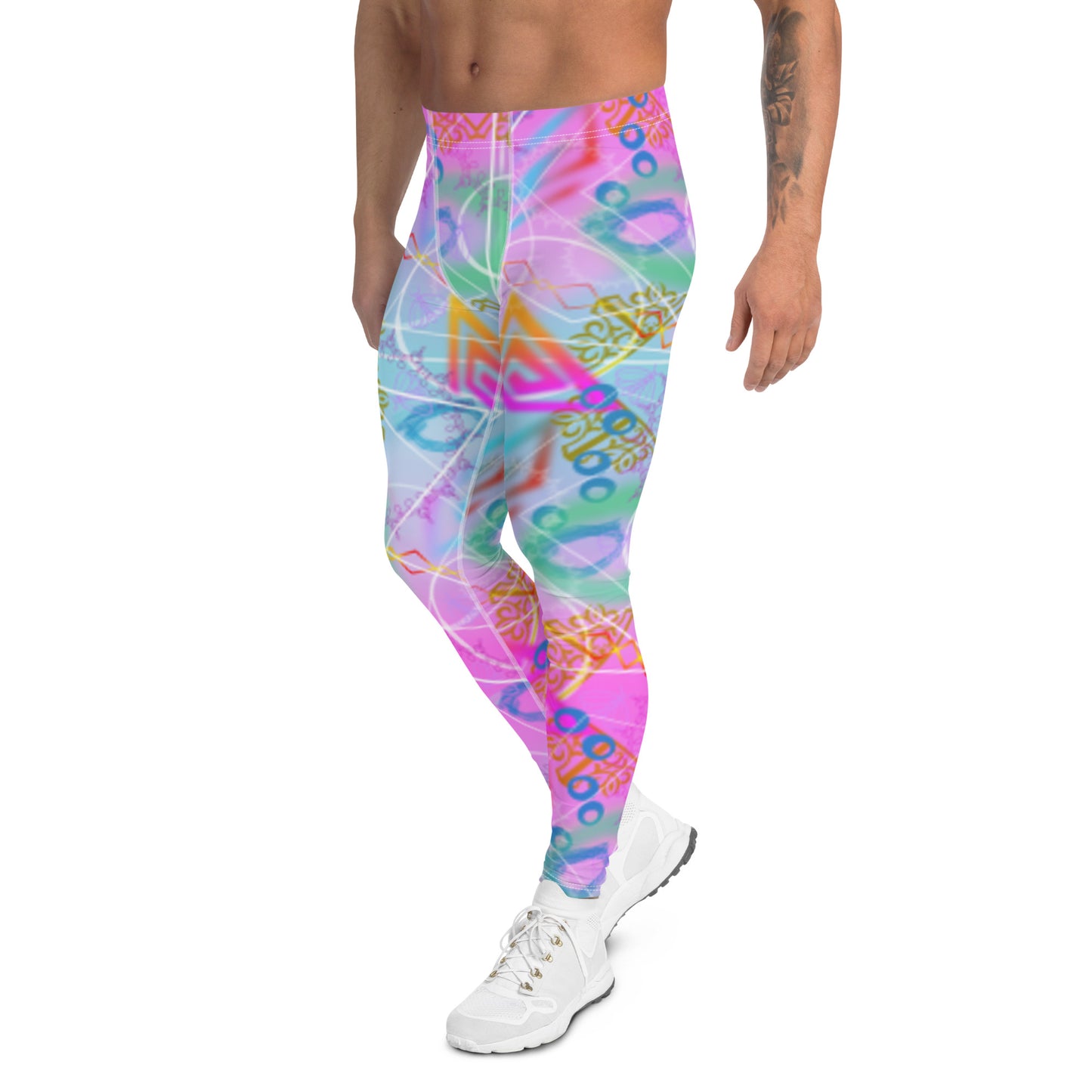 Vaporwave Mandala mens leggings in pink and blue with geometric shapes and patterns on these synthwave and retrowave style meggings or compression pants for men by BillingtonPix