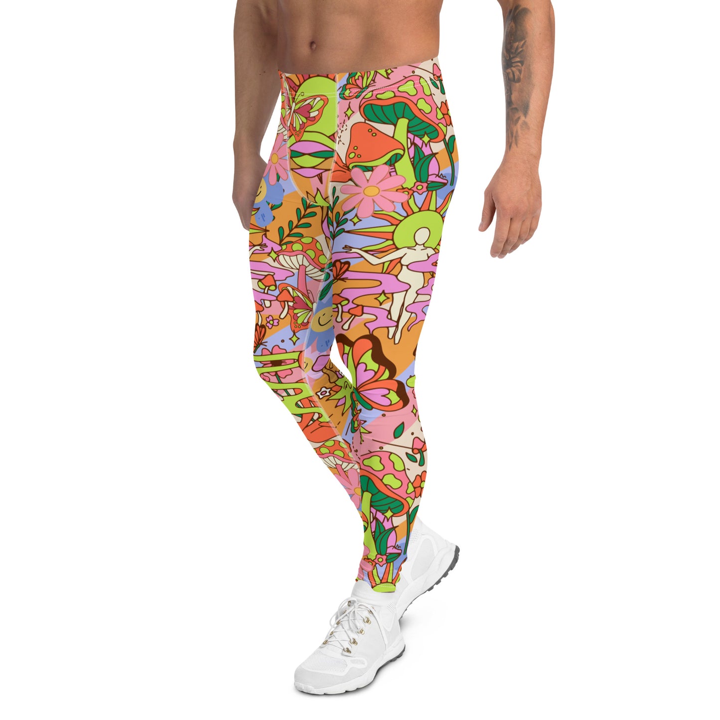 Groovy 1970s style mens leggings in a flower power floral all-over print design. Mens compression pants and running tights in orange, blue and pink spiritual design with mushrooms, butterflies, buddha, flowers and smiley faces. Kawaii cutecore meggs for gym, festivals and clubbing