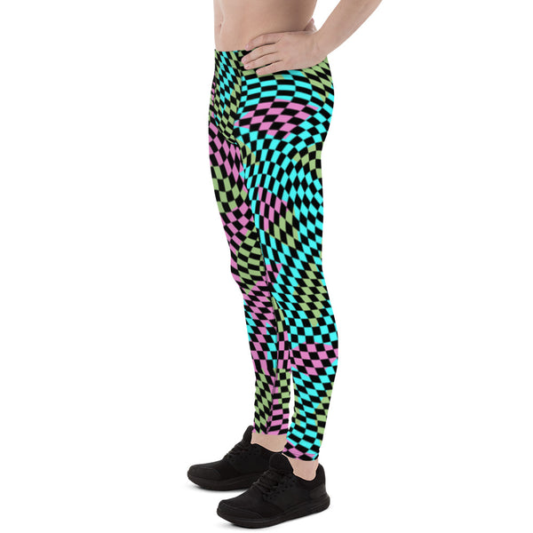 Retro 80s style wrestling leggings in a warped black check with pink, blue and green shapes on these clubbing and festival meggings by BillingtonPix