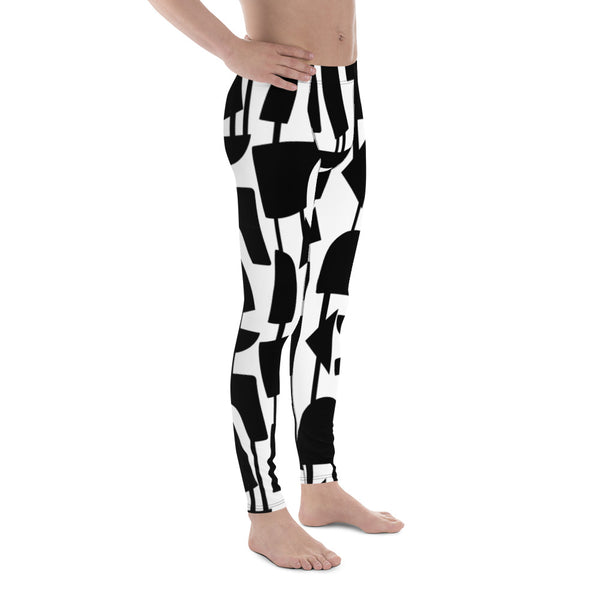 This cheeky, stylish and comfortable, abstract design patterned meggings are entitled Forever Connected and consist of a pattern of black abstract geometric shapes connected with a vertical thread on a white background