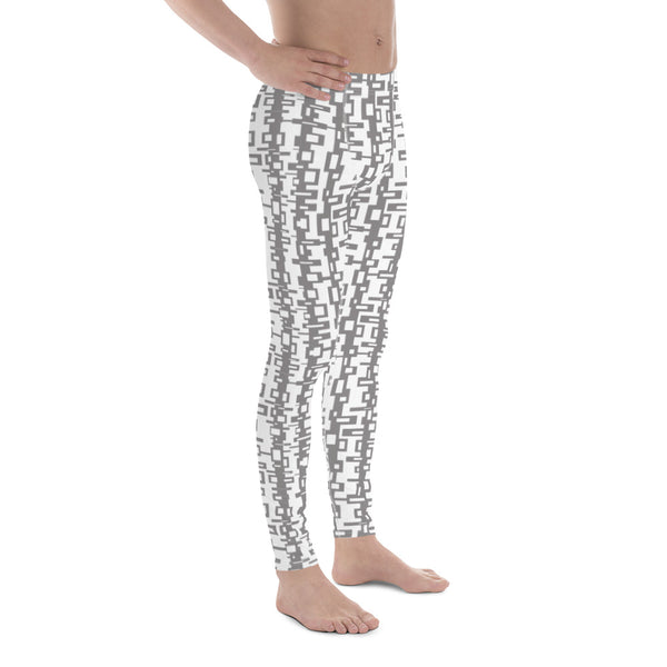 The vintage style graphic design printed onto these meggings consists of a geometric tangled rectangle pattern in grey on a white background