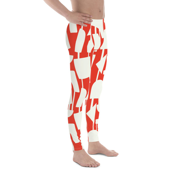 These cheeky, stylish and comfortable, abstract design patterned meggings are entitled Forever Connected and consist of a pattern of cream abstract geometric shapes connected with vertical threads on a bold orange  background