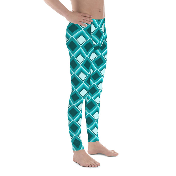 Glamorous blue, turquoise and teal coloured vintage 60s style turquoise diamond shapes men's leggings or meggings