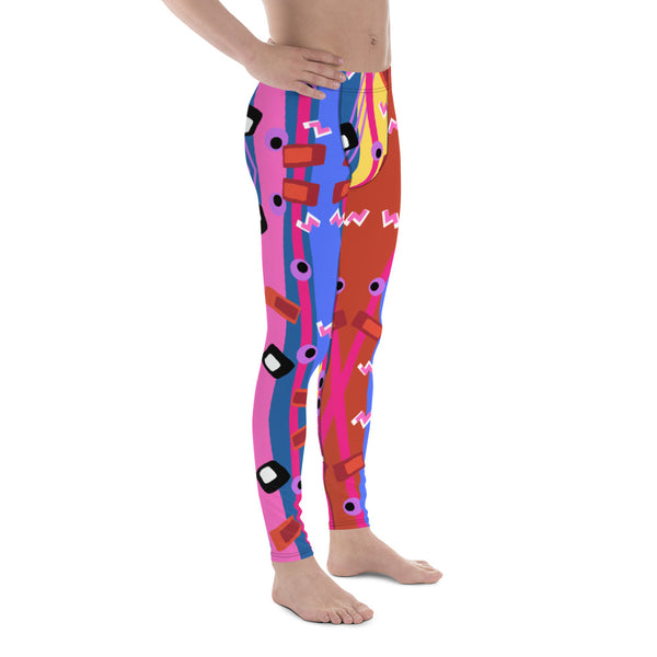 Zany, crazy, mad patterned men's leggings or meggings in blue, red, yellow and purple pattern of lines, squiggles, blobs and stripes by BillingtonPix