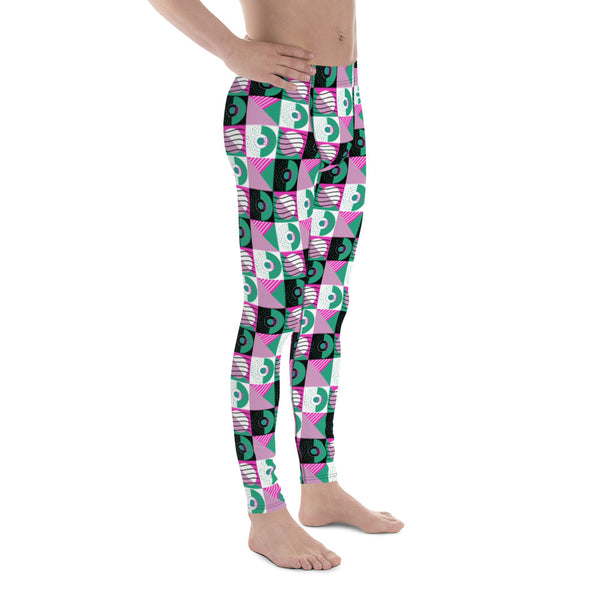 Pink and green geometric patterned men's leggings or meggings in a retro chequered 80s Memphis style by BillingtonPix