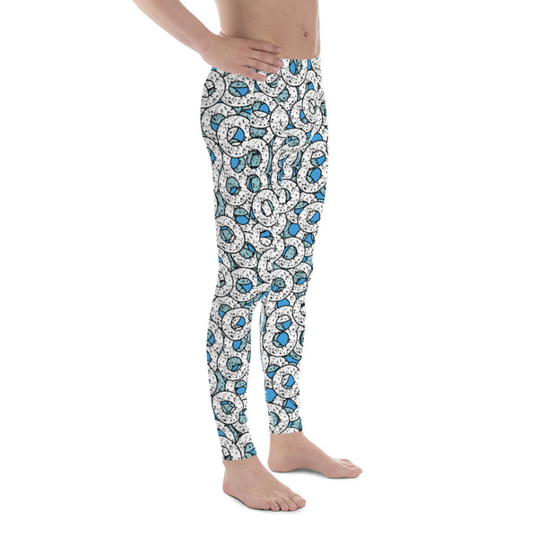 Blue and white patterned men's leggings or meggings in a vintage retro 80s Memphis style featuring dotted white donut shapes against a blue background by BillingtonPix