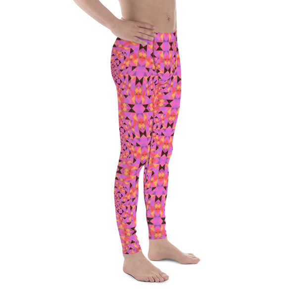 Pink, purple and orange patterned men's leggings, running tights or meggings in a kaleidoscope design by BillingtonPix
