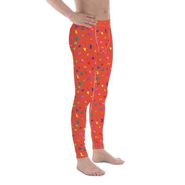 Orange 80s Memphis style men's colourful leggings containing a multicoloured random pattern like confetti on these retro style men's fashion leggings, meggings, mens compression tights by BillingtonPix