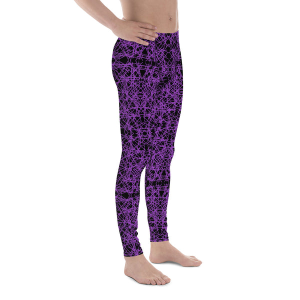 Neural network 80s style purple pattern on black background mens gym leggings, meggings, tights for men 