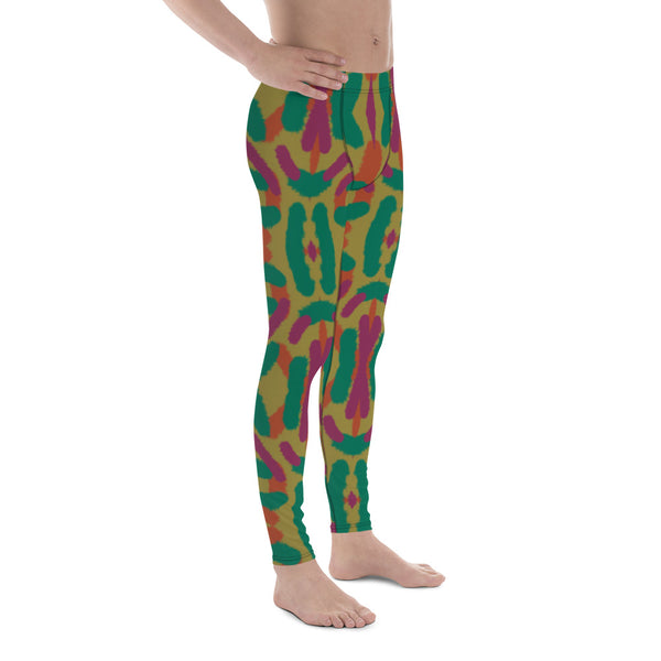 Muted tones of purple, green and orange against a mustard background with abstract mirrored shapes on these unique colourful workout leggings for men by BillingtonPix