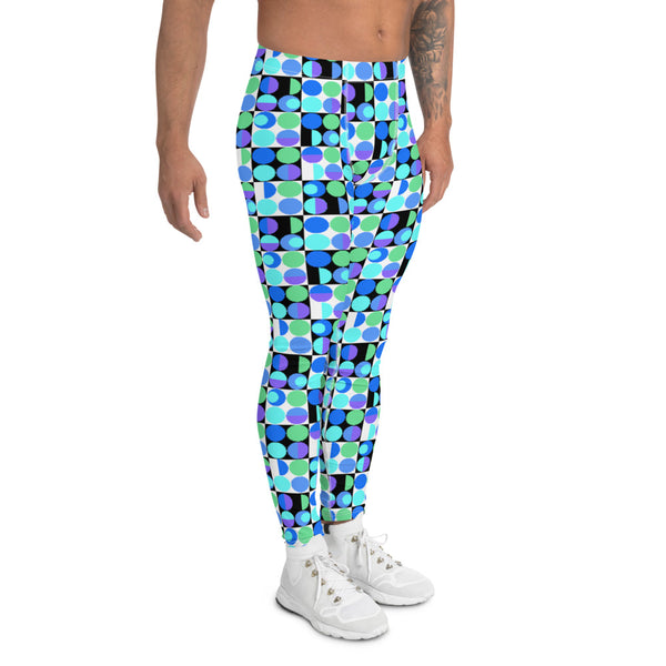 Intense blue, circular patterned mens gym leggings in tones of blue, green, turquoise and purple on a black and white grid on these retro 80s Memphis style patterned running tights, mens meggings, compression leggings by BillingtonPix