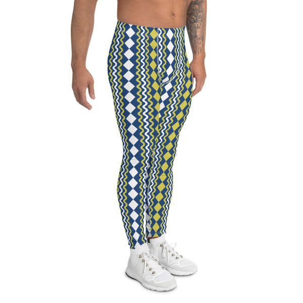 Teal, yellow and white geometric patterned gym leggings for men in a retro 60s style on these mens running tights, meggings, compression leggings by BillingtonPix