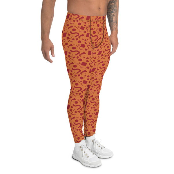 Orange and samba red 90s Memphis pattern on these meggings, compression leggings, running tights for men by BillingtonPix