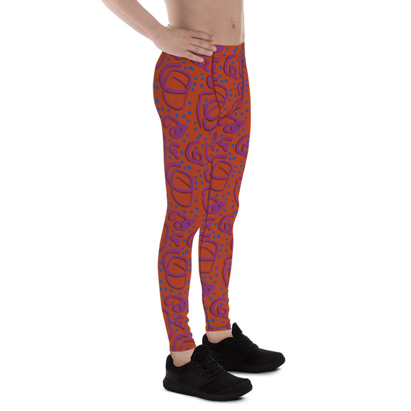 Scarlet and purple squiggles with teal dots on these retro 90s style patterned men's leggings or meggings by BillingtonPix