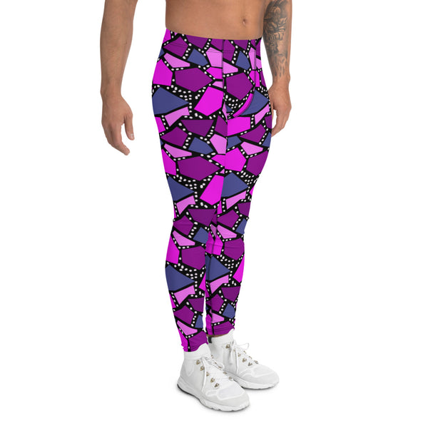 90s style tones in a geometric pattern in pinks, blues and purples on a black background on these meggings or mens compression pants by BillingtonPix