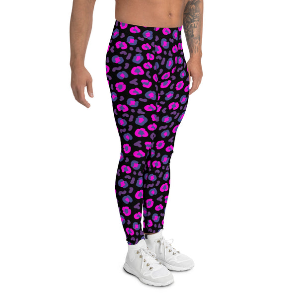 Pink and blue leopard skin design in a retro 90s style and colour tones on these men's compression tights or meggings by BillingtonPix