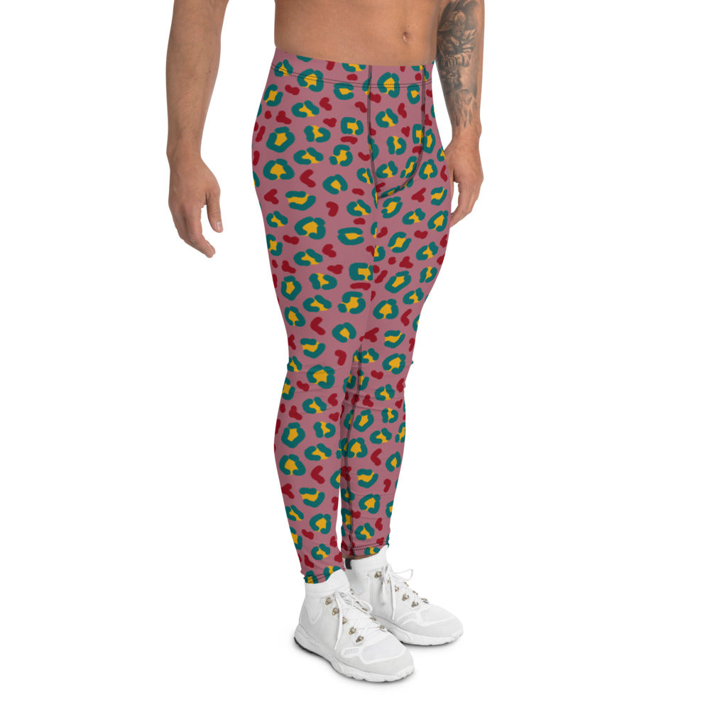 All-over printed men's leggings with a raspberry pink and teal leopard skin design by BillingtonPix